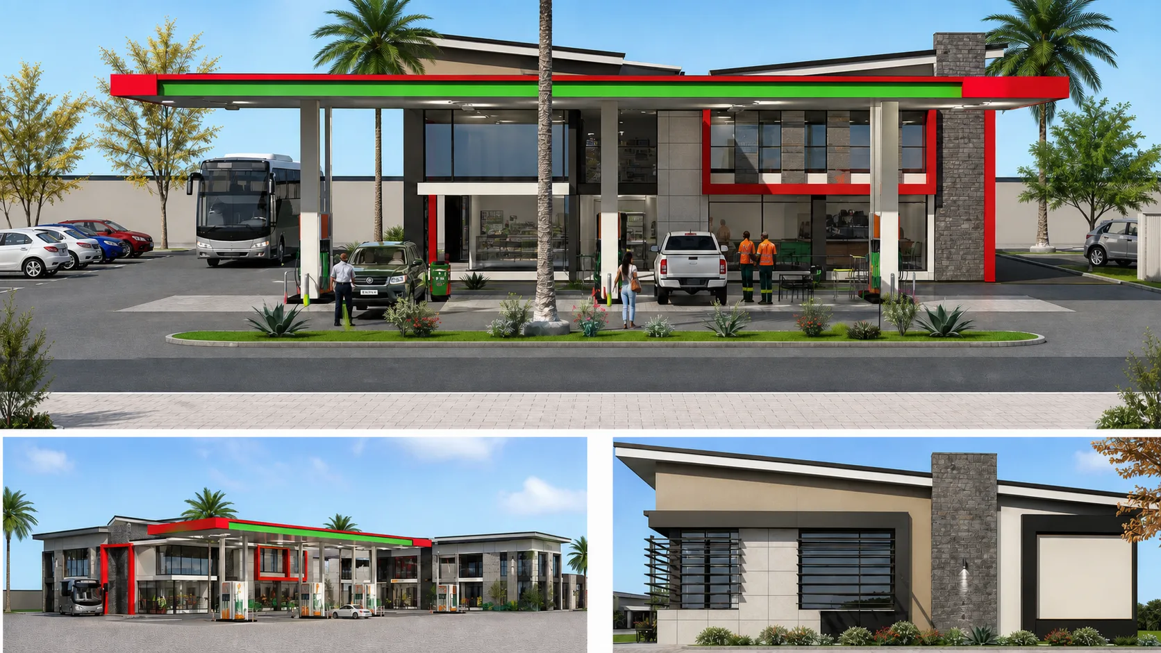 Concept renderings of a filling station and convenience store shown from multiple angles